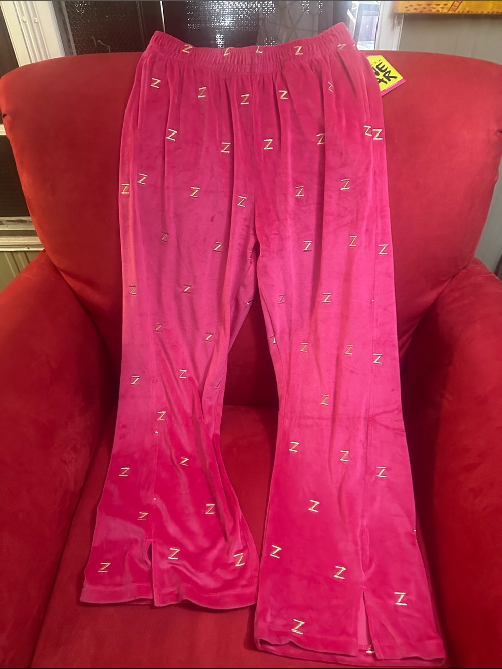 Hot Pink Velour Lounge Pants with Embroidered Z Pattern
